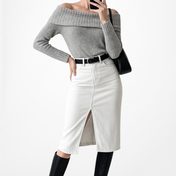 Vintage Y2K Gray Knit Off The Shoulder Long Sleeve Sweater Top Size S - Picture 1 of 6